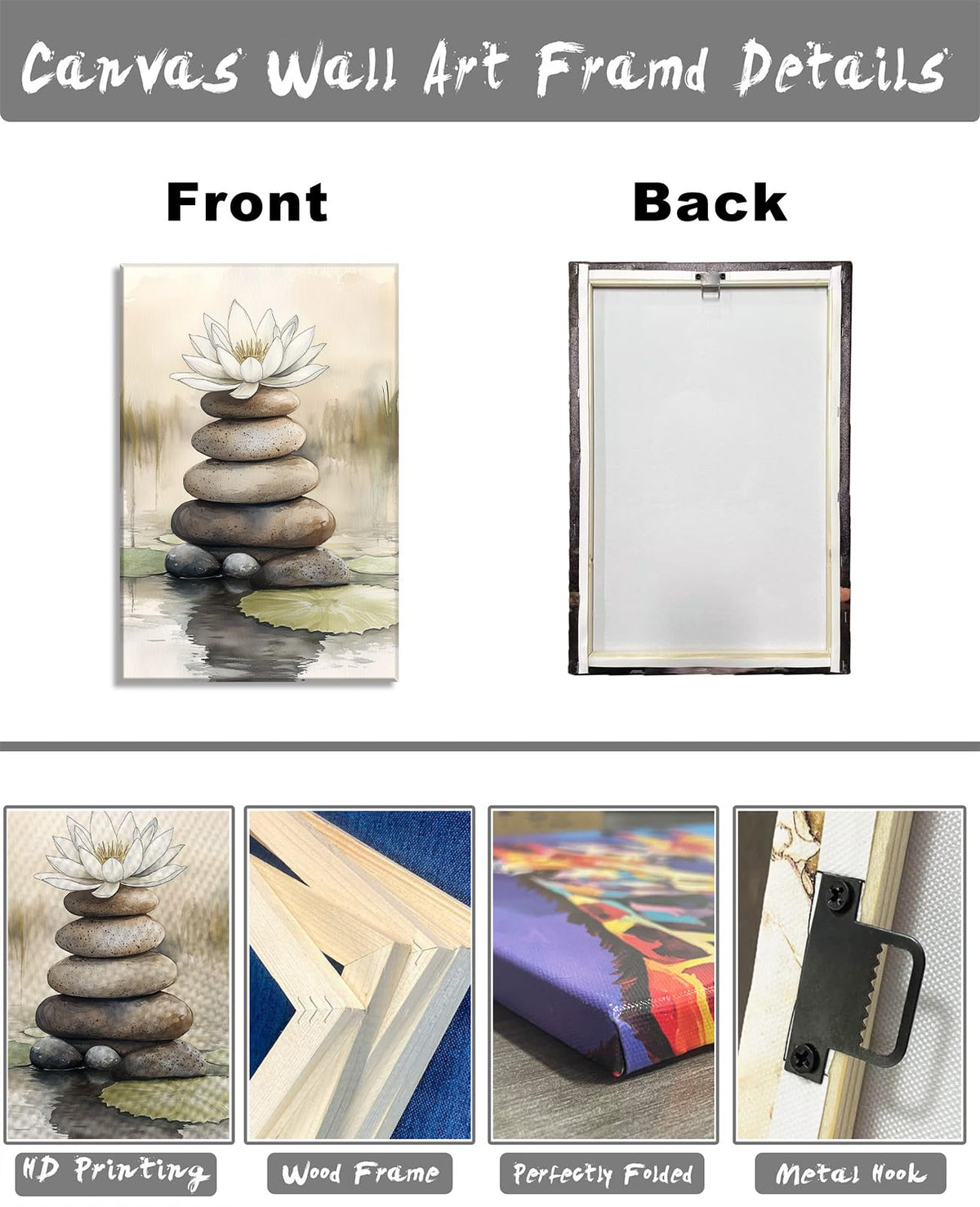Large Zen Wall Art Lotus with Spa Stones Picture Watercolor Painting Meditation Canvas Prints Spiritual Room Bathroom Living Room Office Wall Decor Framed (42"L x 28"W / K - Lotus)