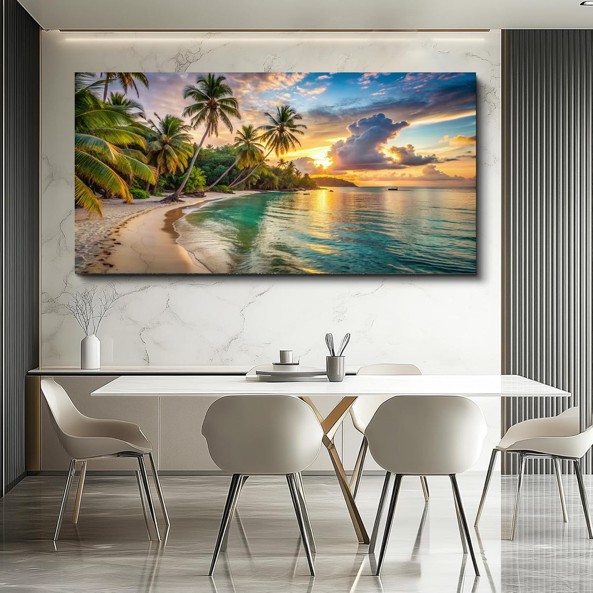 Large Picture for Lliving Room Sunset Beach Wall Art Tropical Paintings Coastal Artwork Ocean Decor Plam Tree Landscape Canvas Prints for Bedroom Wall Decor Office Framed Home Decoration (2BeaP01 / 60"L x 30"W)