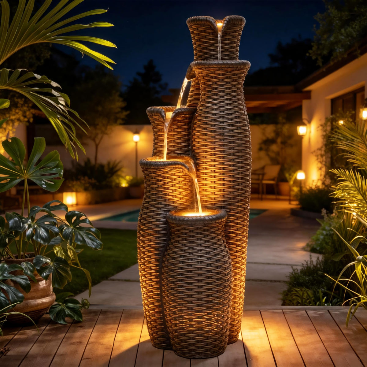 AUTODAYA 5 Tier Faux Rattan Vase Water Fountain Outdoor with LED Lights (33"h Espresso Brown Faux Rattan)