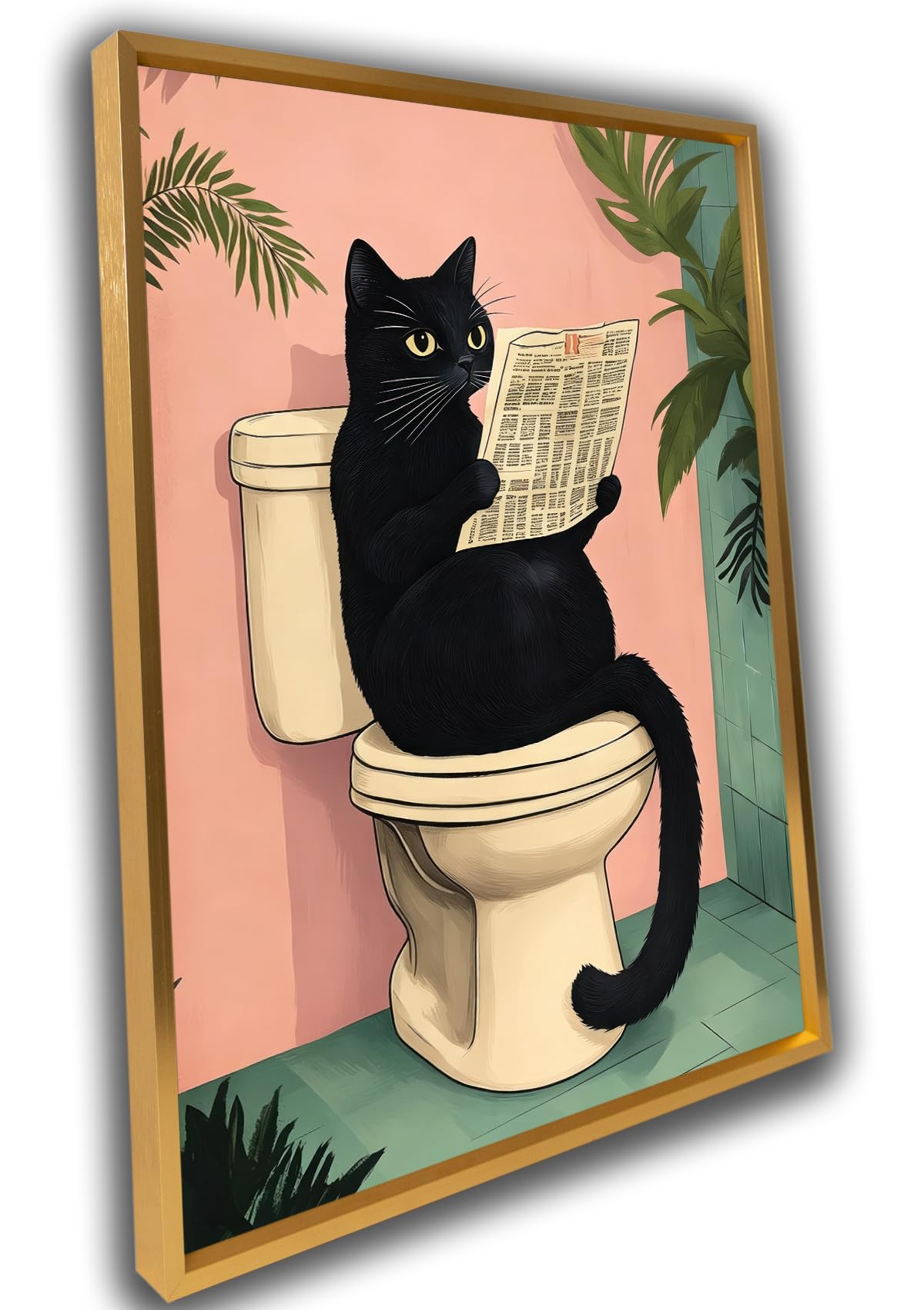 Framed Funny Cat Sitting on Toilet Reading Newspaper Canvas Wall Art 12x16 (black cat / 16"L x 12"W)