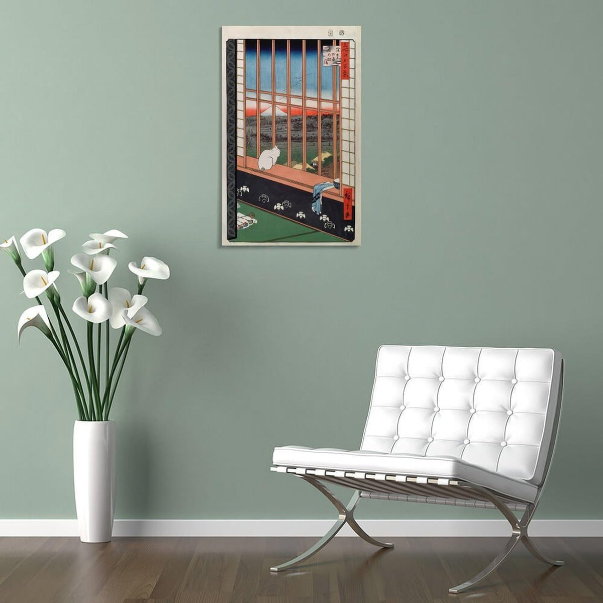 Hiroshige Asakusa Ricefields White Cat Japanese Ukiyoe Landscape Canvas Printing Wall Art Prints Wall Decor Posters Zen Vintage Style for Living Room Bedroom Home Office Gallery 24x36inch (style-4 / 24x36inch(60x90cm) Frame)