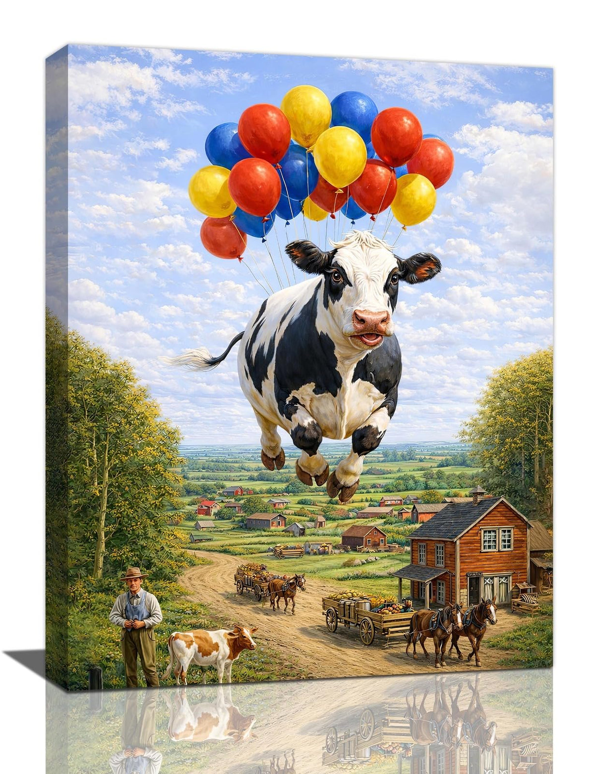 Farmhouse Dairy Cow Wall Art Funny Cow Wall Decor Farm Painting Balloon Canvas Pictures for Kitchen Dining Room Living Room 16"x20" (Balloon Cow / 20"L x 16"W)