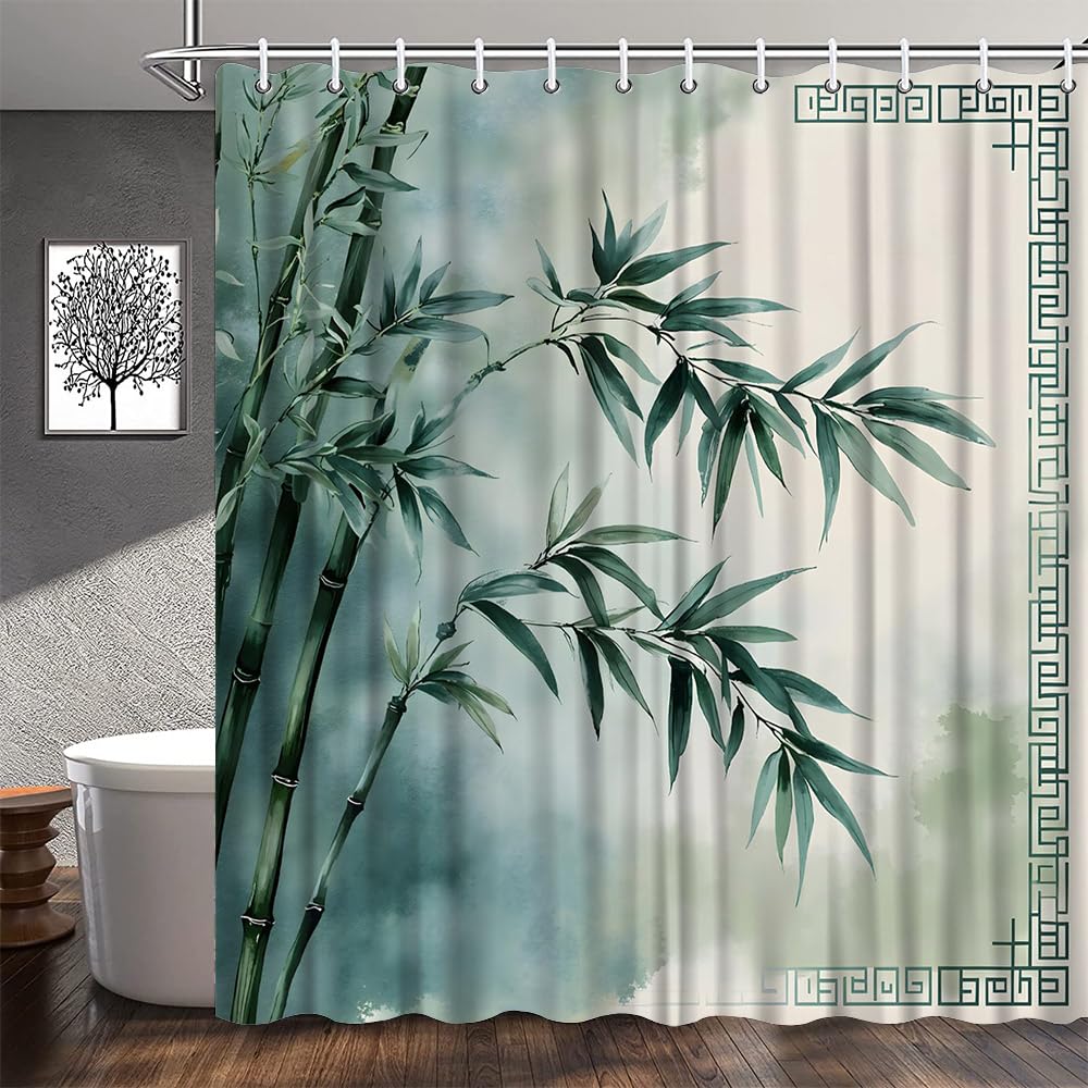 Bamboo Shower Curtain Vintage Green Bamboo Forest Leaves Traditional Retro Rustic Wild Nature Plant Asian Japanese Zen Relaxing Bathroom Decor Polyester Fabric Curtains with Hook 80Wx70H Inches (Green / 80"W x 70"L (Pack of 1))
