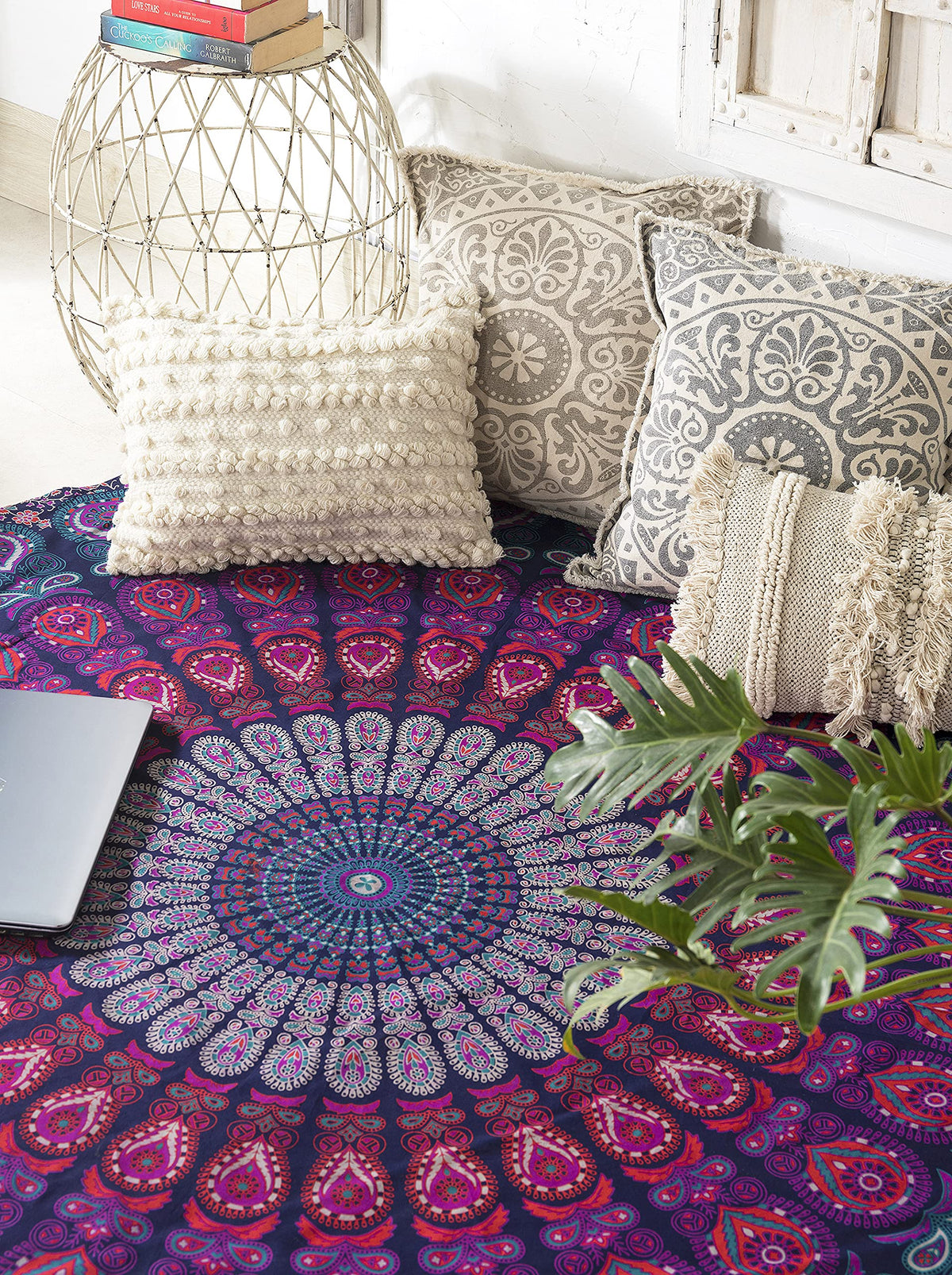 Round Tapestry with Tassel Wall Hanging Ombre Hippie Mandala Bohemian Hippy Intricate Indian Tapestries Tablecloth 70 Inches (Blue Multicolor / 70"L x 70"W)