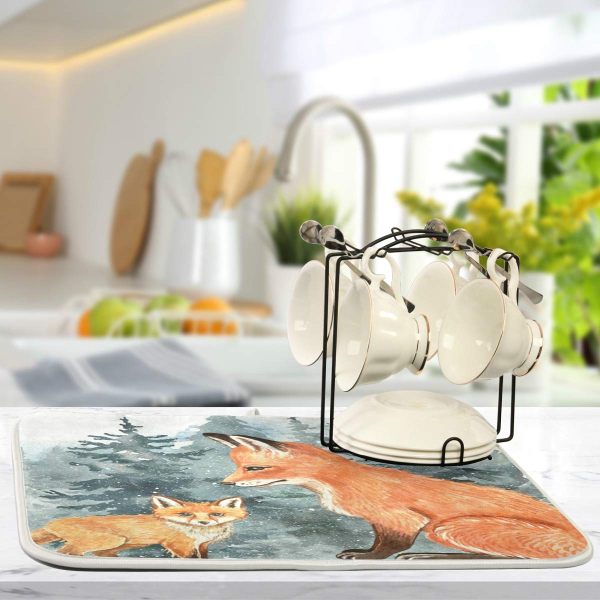 Super Absorbent Dish Drying Mat (Cute Fox Winter Christmas / 18" x 24")