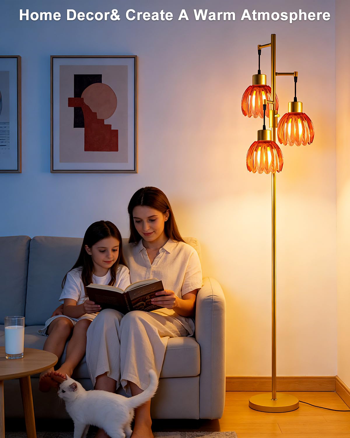 Glass Floor Lamp Red Lotus Flower Shade Dimmable Gold Floor Lamp (3 Deep Red Lotus-Gold)