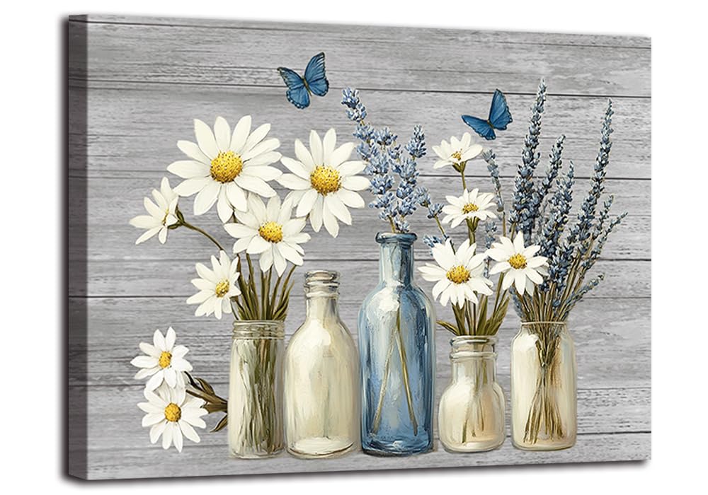 Daisy Canvas Wall Art Rustic Bathroom Decor Blue Butterfly Lavender Prints Flower Picture Farmhouse Framed Artwork 12x16inch (White and Blue / 16"L x 12"W)