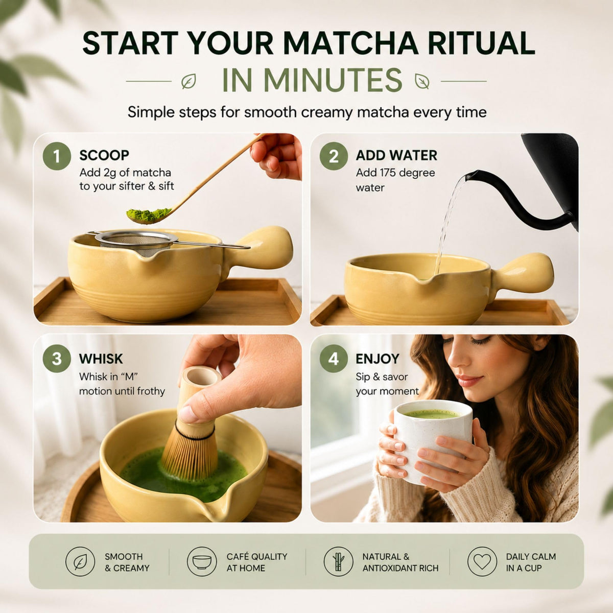 HAPPY PATH & CO Patented Matcha Bowl Set with Handle & Spout (Sunny Duckling - Pastel Yellow)