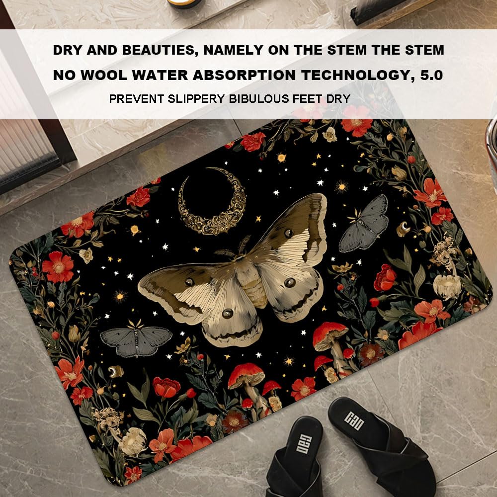 Bath Mat Bathroom Rug (Moth Moon Mushrooms Flowers / 20 x 31 inches)