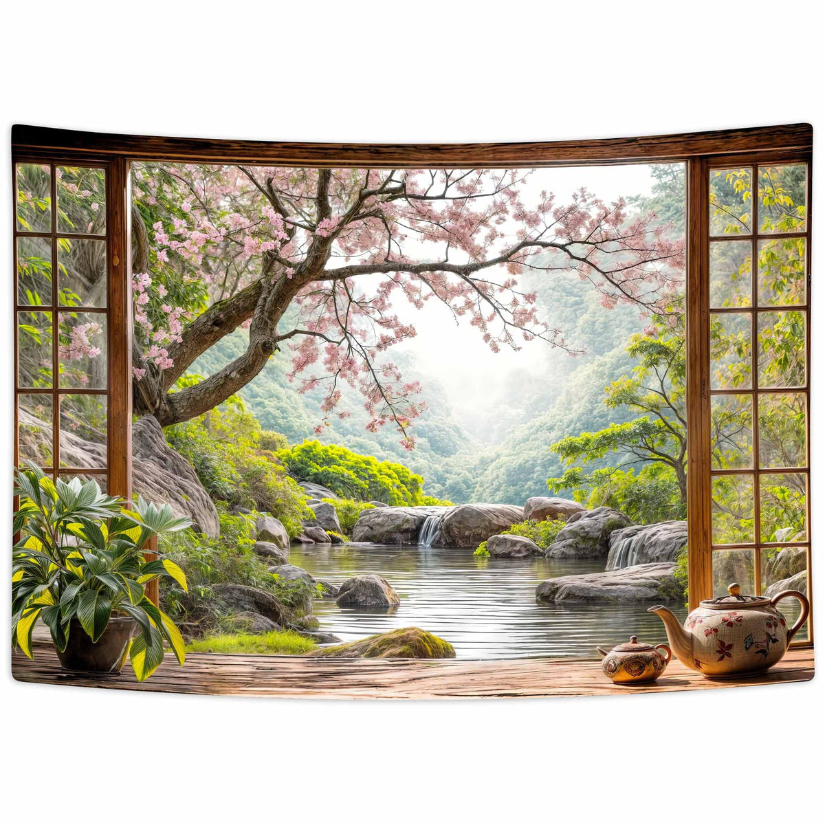 Japanese Scenery Window View Tapestry (Pink / 40"L x 60"W)