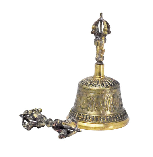 Medium Antique Brass Tibetan Bell & Dorje Vajra for Meditation (Brass / Medium)