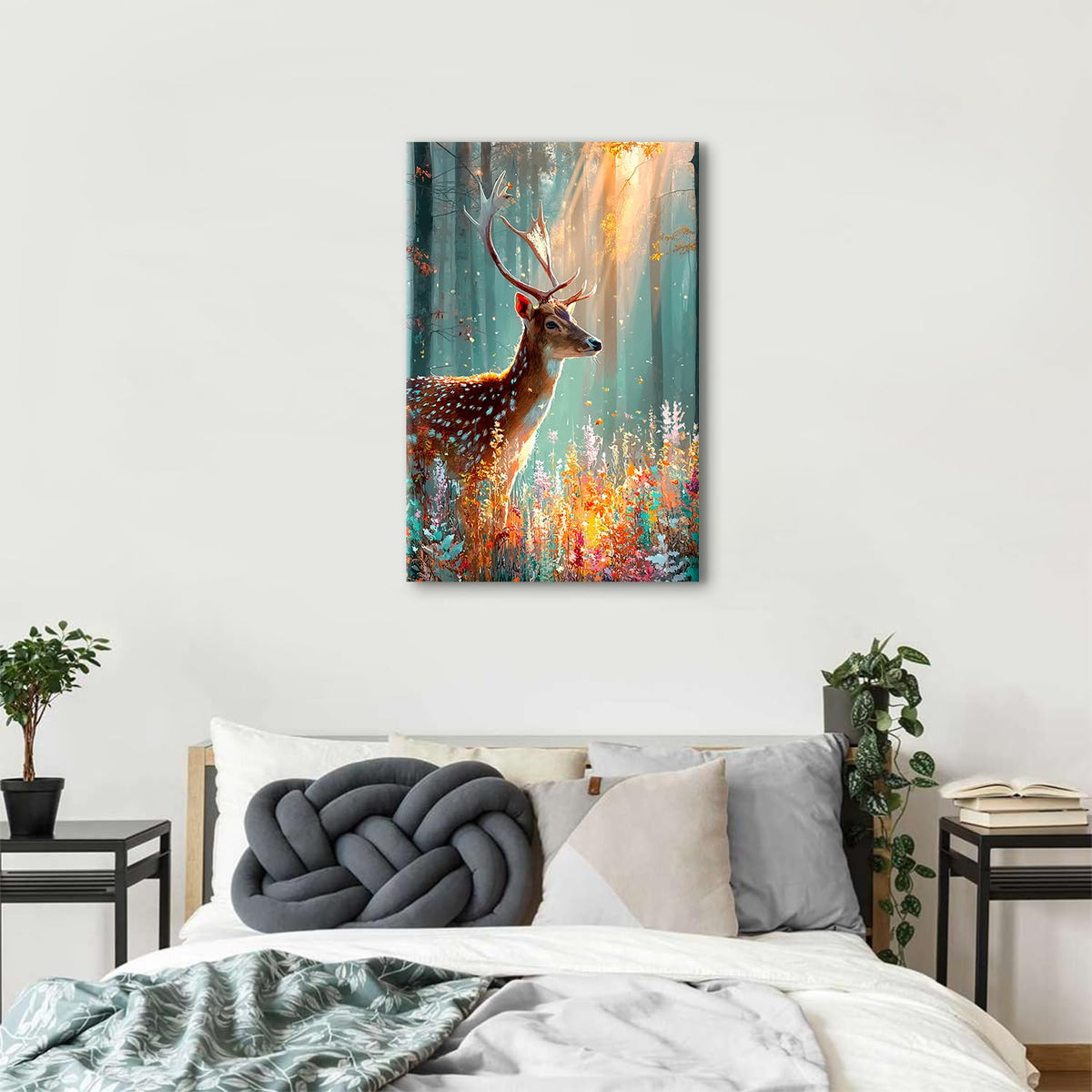 Deer Wall Art Fall Forest Wall Decor Nature Autumn Landscape Picture Rustic Wildlife Animal Canvas Prints Farmhouse Elk Painting Colorful Flowers Artwork for Bedroom Living Room Home Decoration 24x36" (36"L x 24"W / Fall Deer01)