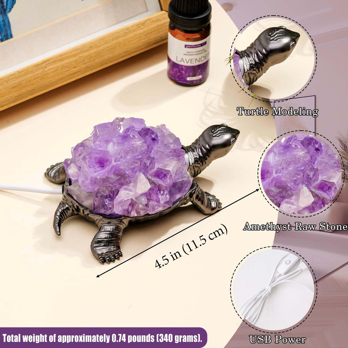 Natural Amethyst Turtle Night Lamp Healing Crystal Bedroom Bedside Table Lamp USB Port Home Decor Women Men Gift (Purple2)