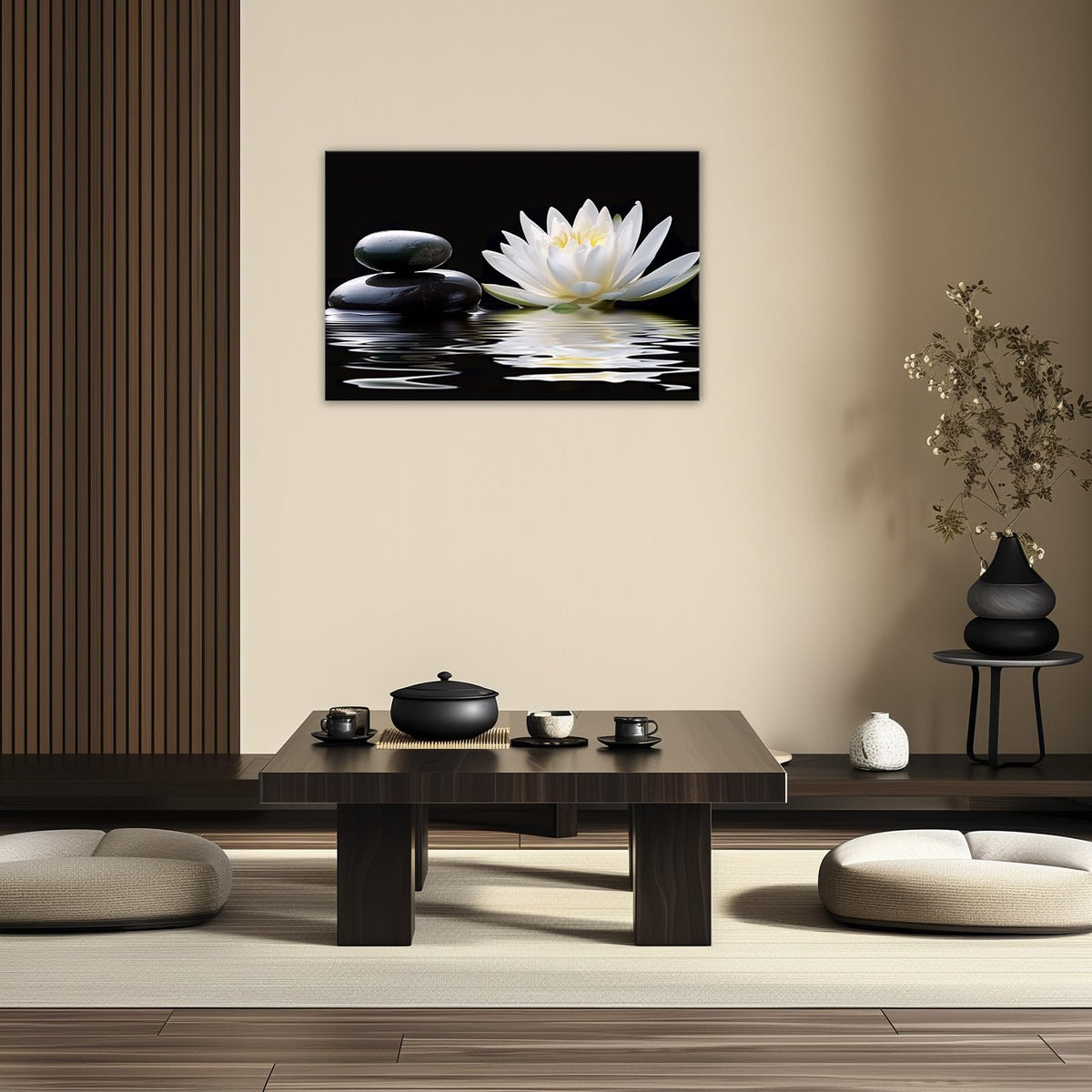 Black And White Zen Wall Art Lotus With Spa Stone In Water Painting Print Minimalist Serenity Decor for Bathroom Bedroom Meditation Room (Artwork 07 / 18"L x 12"W)