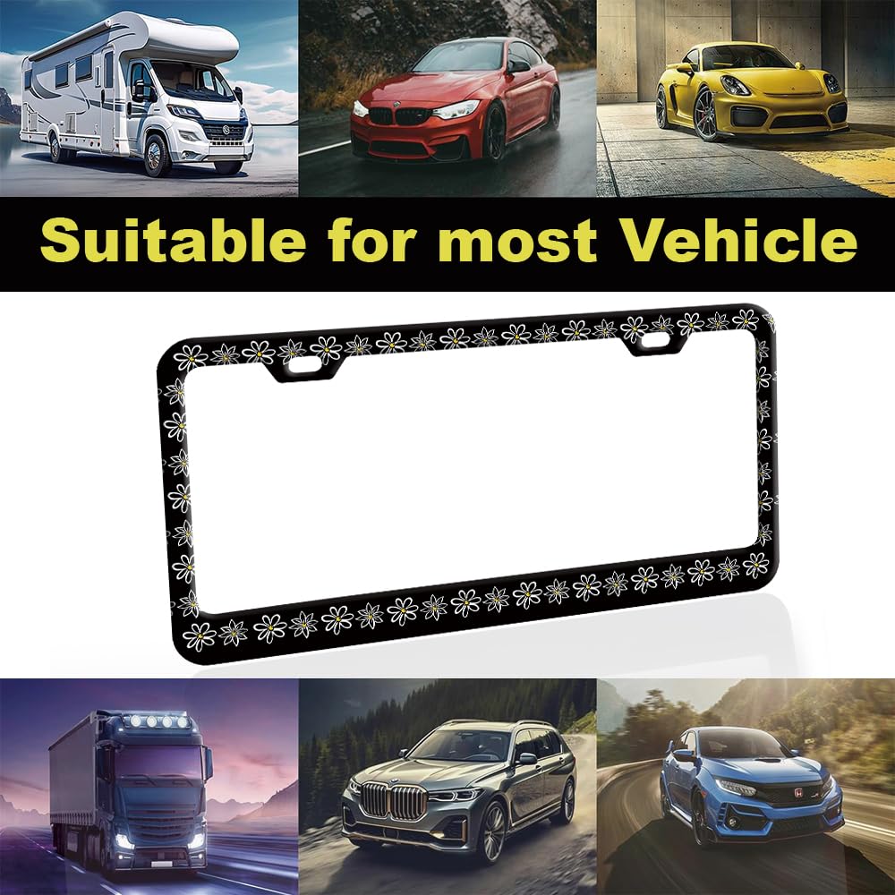 Black White Floral License Plate Frame for Women 1Pc Car Tag (for Floral-Daisy b / 1 pack)