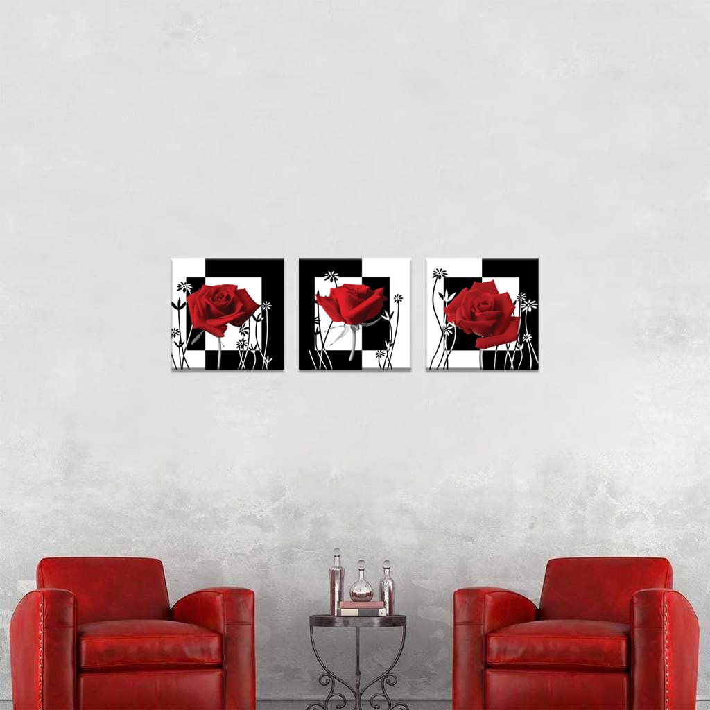 Canvas Print 3 Pcs Black and White Red Rose Canvas Art Painting Abstract Wall Art Decorations Flower Picture on Canvas for Home Decor Stretched and Framed (16 x 16 inches (3-Piece Set) / rose2)