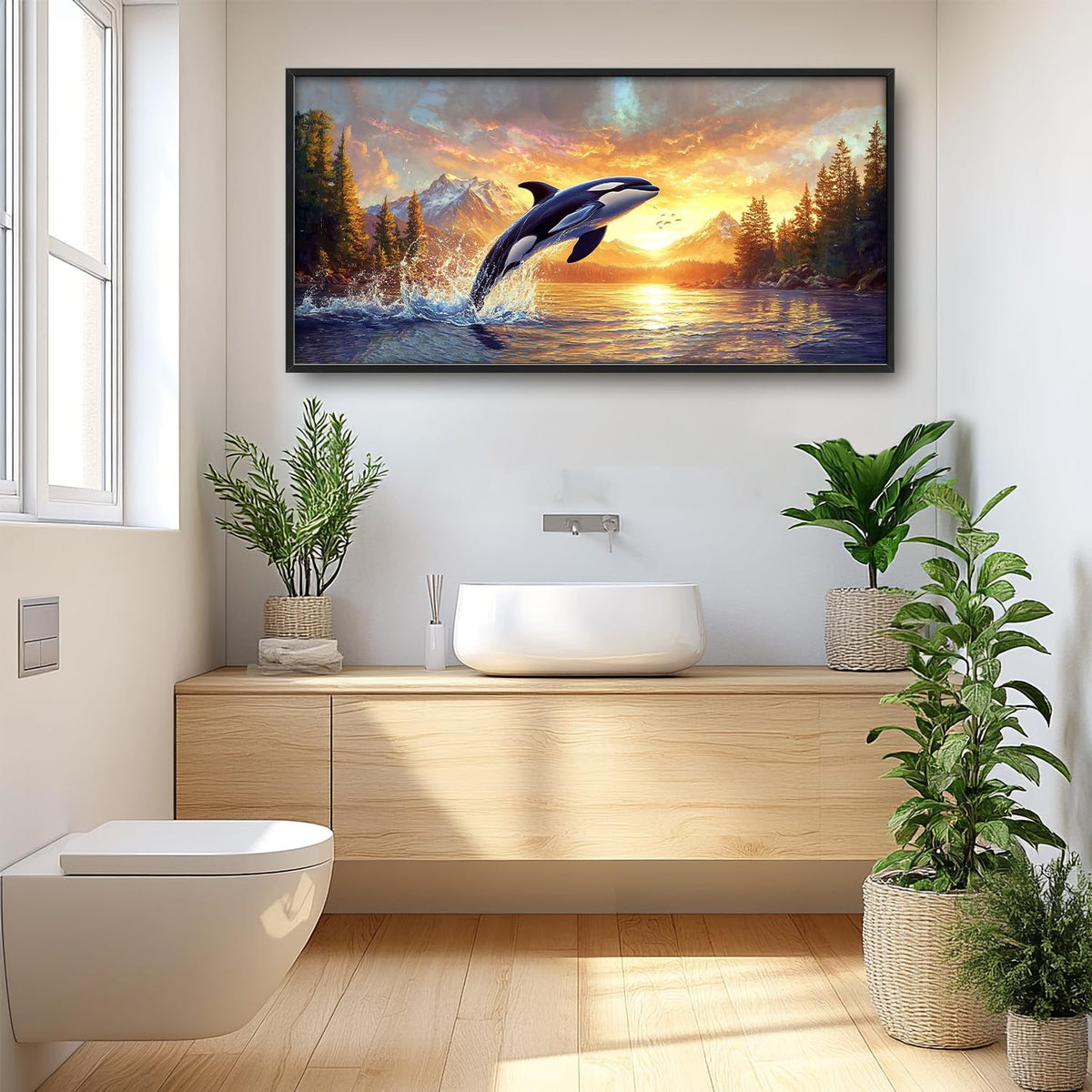 Extra Large Orca Whale Sunset Framed Wall Art for Living Room (60"L x 30"W / Orca)