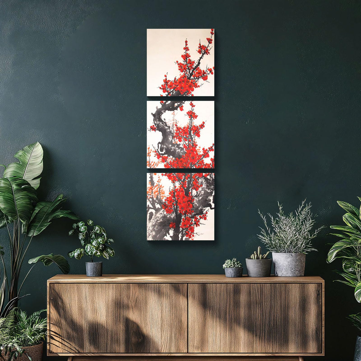 3Pcs Traditional Chinese Red Plum Blossoms Canvas Wall Art Print Red Flowers Asian Floral Painting for Home Decor Living Room Bedroom Office Botanical Artwork Ready to Hang (flower3 / 20x20 inches (3 pieces))