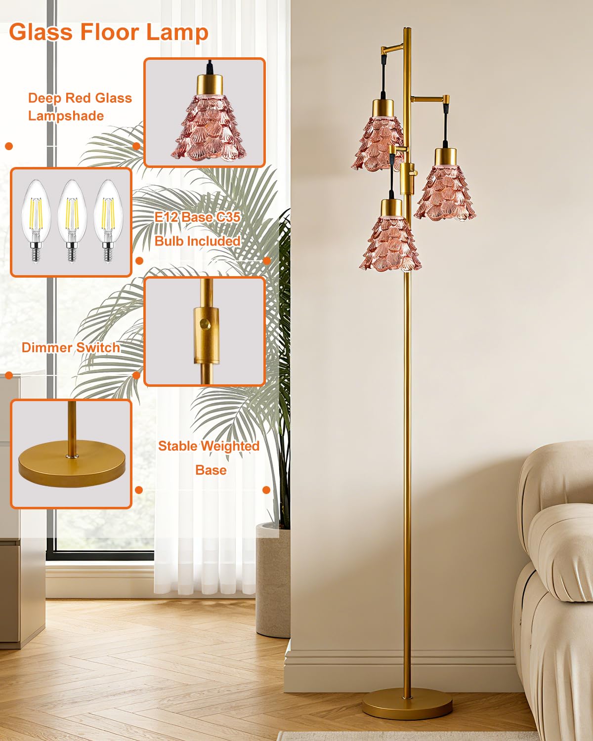 Glass Floor Lamp 3 (3 Deep Red Horn-Gold)