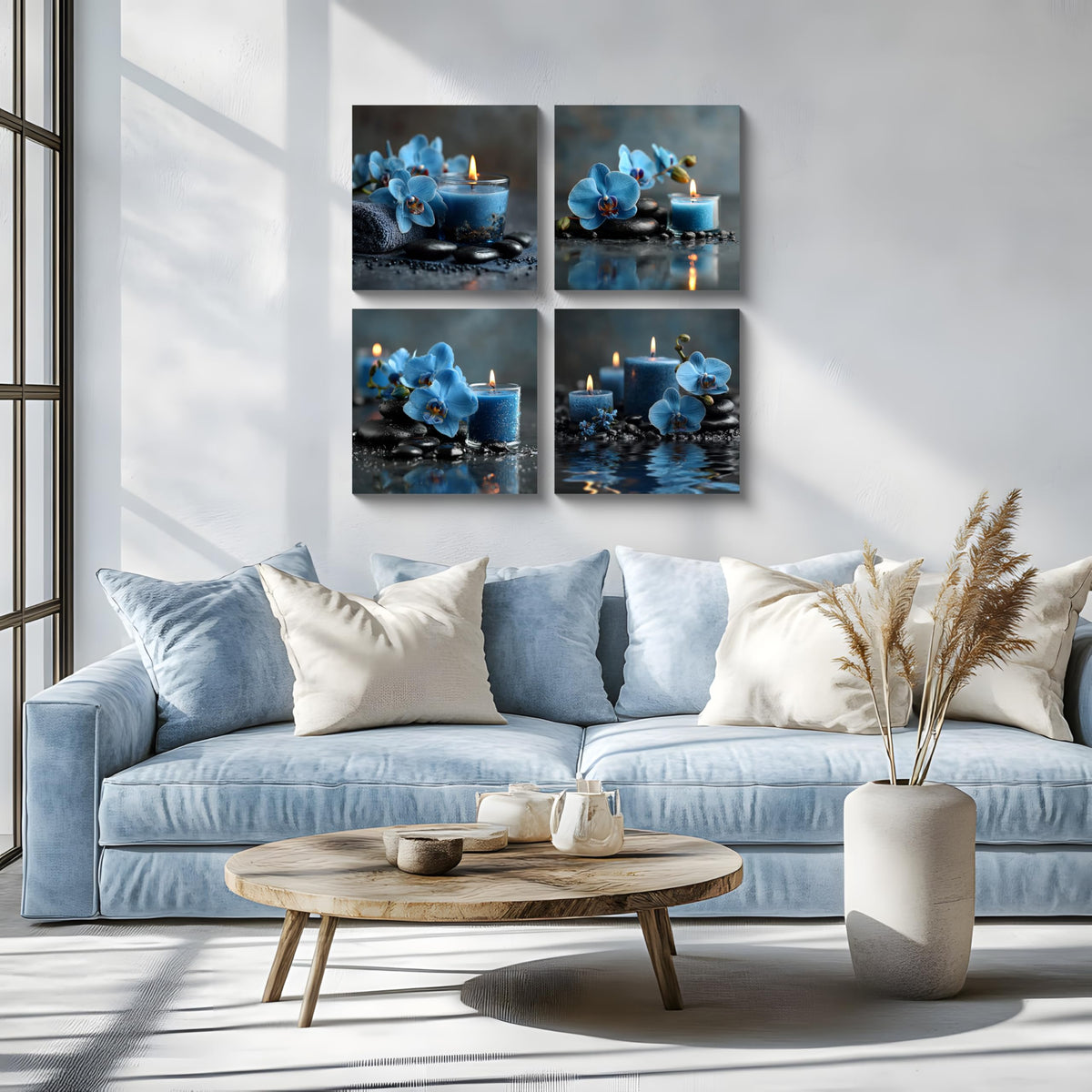4PCS Blue Orchid Candle Spa Wall Art Zen Aromatherapy Canvas Print Relaxing Floral Still Life Artwork with Stones Modern Tranquil Bathroom Bedroom Meditation Decor for Home Spa Office (16X16inchX4 / Blue Orchid)