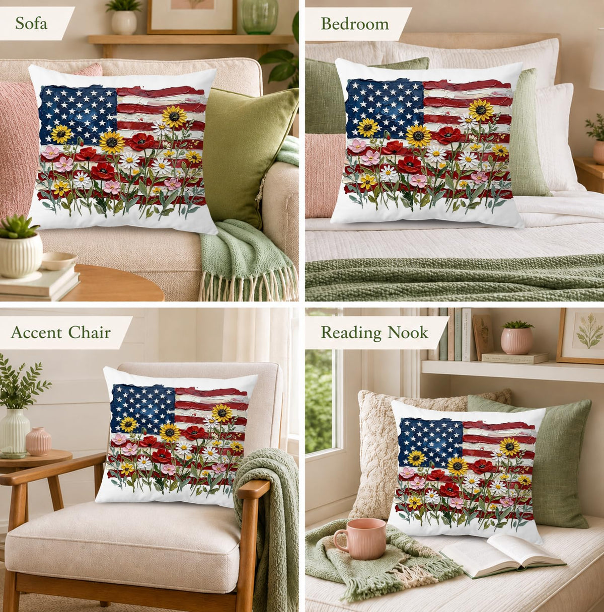 Floral USA Flag Patriotic Throw Pillow Cover 18x18 (Qt-bz-mental Health-floral Flag)