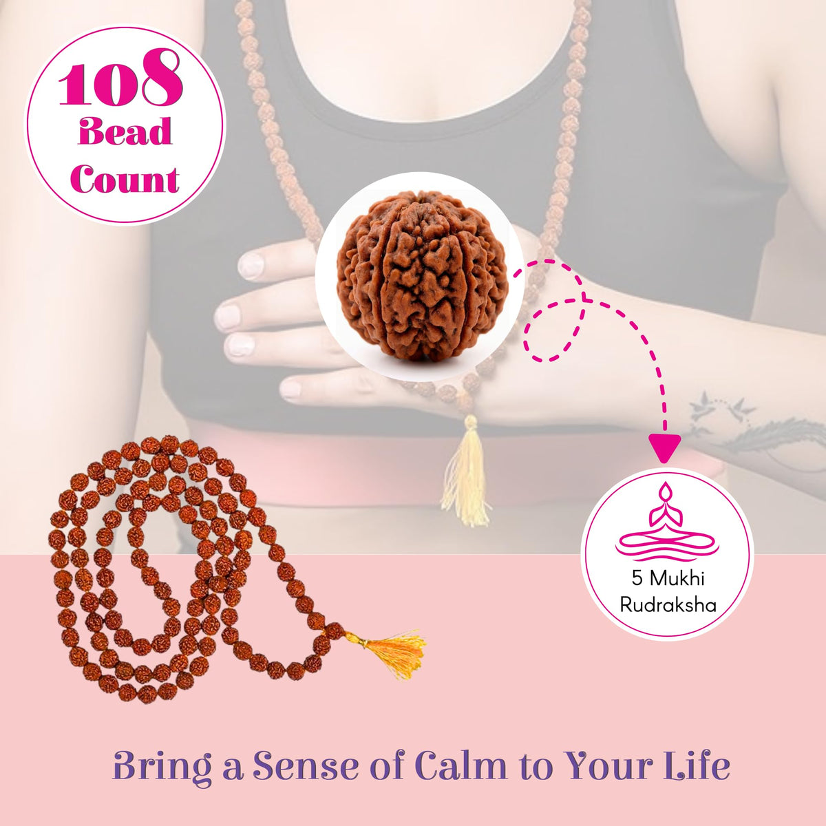 Certified 108 + 1 Beads 5 Face Panchmukhi Rudraksha Kantha Mala with Gaumukhi Japa Bag (108 Beads / 6mm-7mm)