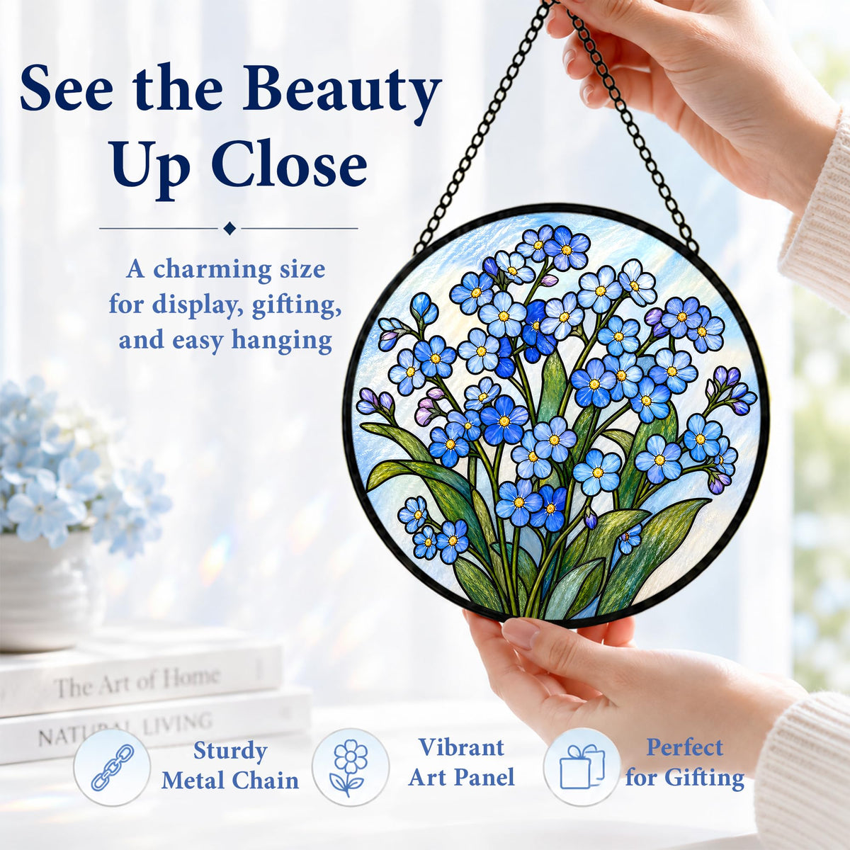 Forget Me Not Gifts for Women Suncatcher Stained Glass Window Hanging 9.8in (Forget Me Not / 9.8 x 9.8 IN)