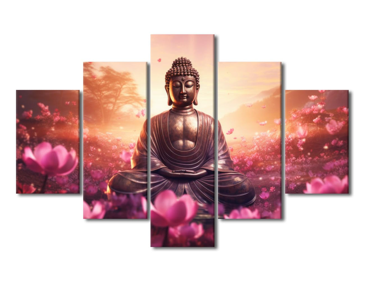 Buddha Canvas Wall Art Decor Modern Living Room Canvas Art Buddha Statue Surrounded By Flowers Poster Art for Men Lady Bedroom Wall Decoration 5 Panel Stretched and Framed Ready to Hang 60x40 in (60x40 in / 5PANEL-18)