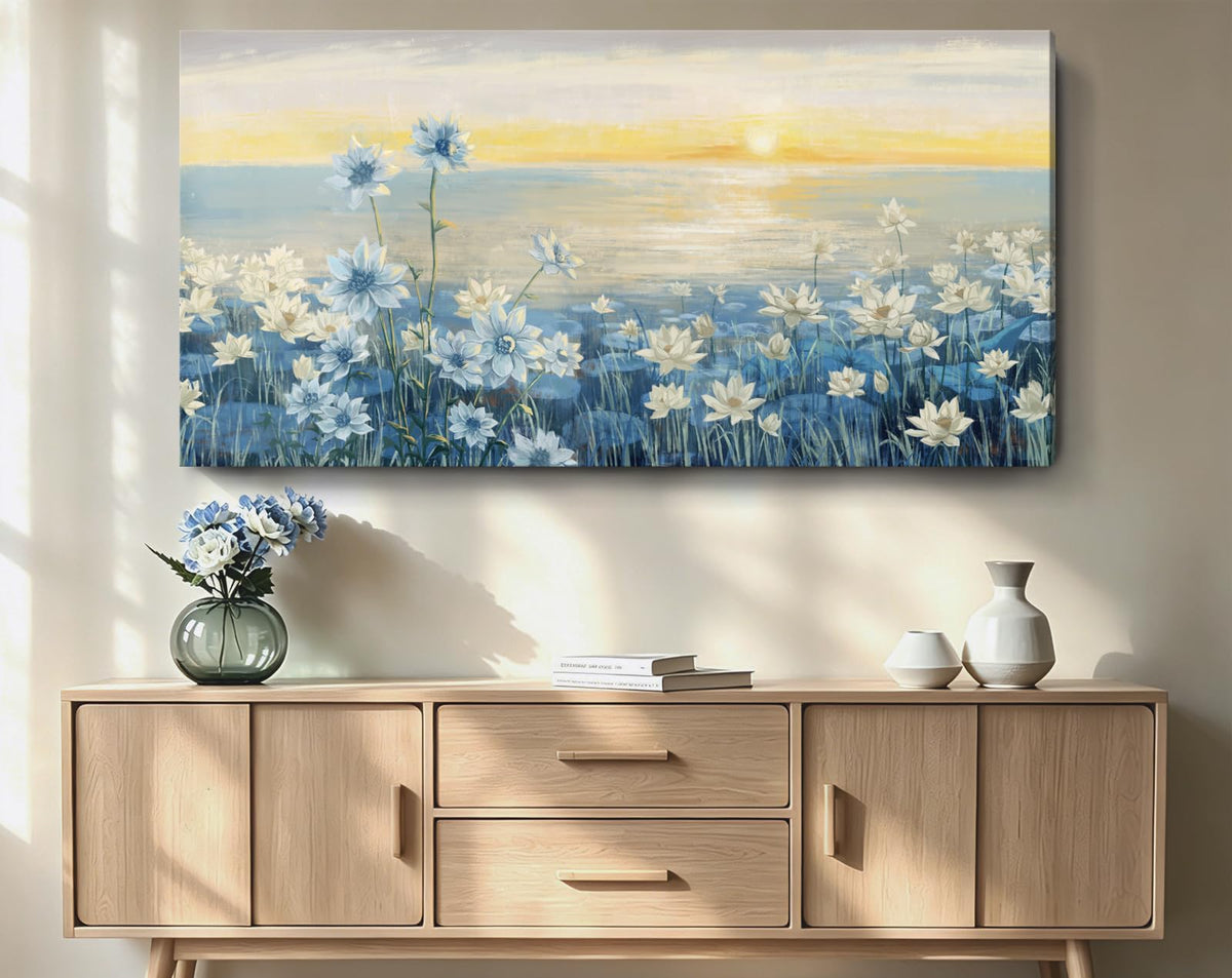 Extra Large Wall Art for Living Room Modern Framed Coastal Beachy Canvas Wall Art Big Floral Sunrise Blue Wall Picture Oversized Lake Nature Sunset Artwork for Office Bedroom Decor 58"x29" (Sunrise Wall Art / 58"L x 29"W)