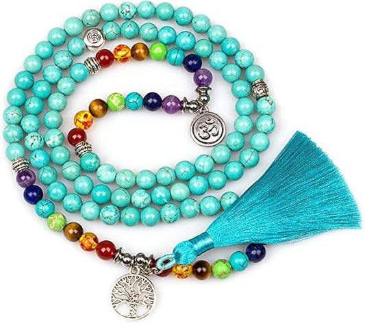 108 Mala Beads Necklace 7 Chakra Tree of Life Pendant Bracelets (Rosary Prayer turquoise)