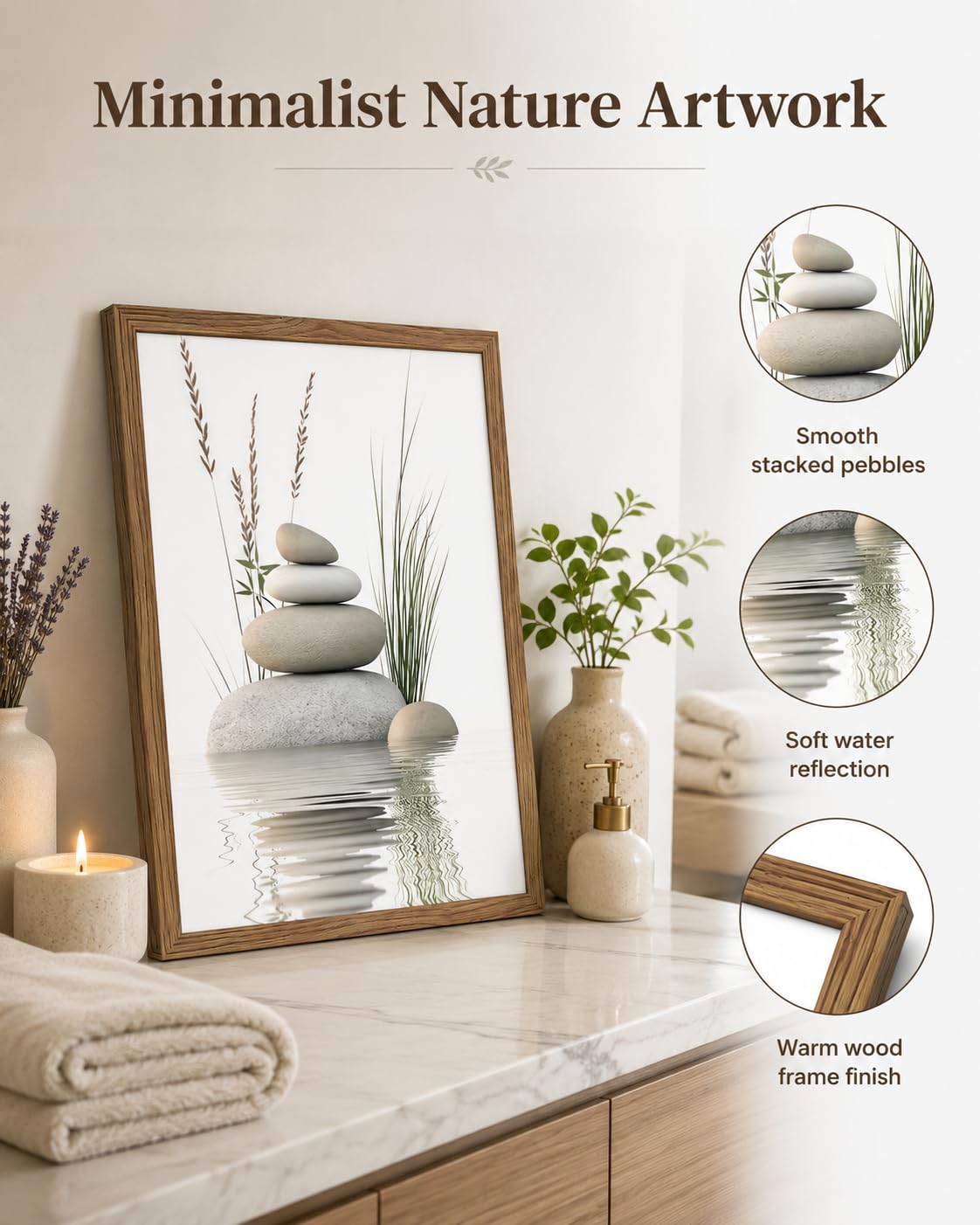 Wood Framed Zen Stones Wall Art Spa Stones Wall Decor (Zen Stones / 16"L x 24"W)