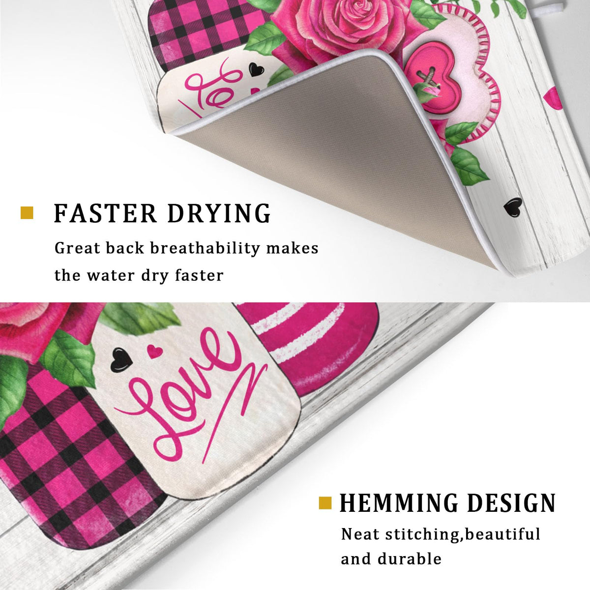Valentine's Day Rose Flower Dish Drying Mat for Kitchen Counter (Rose Flower / 18" x 24")