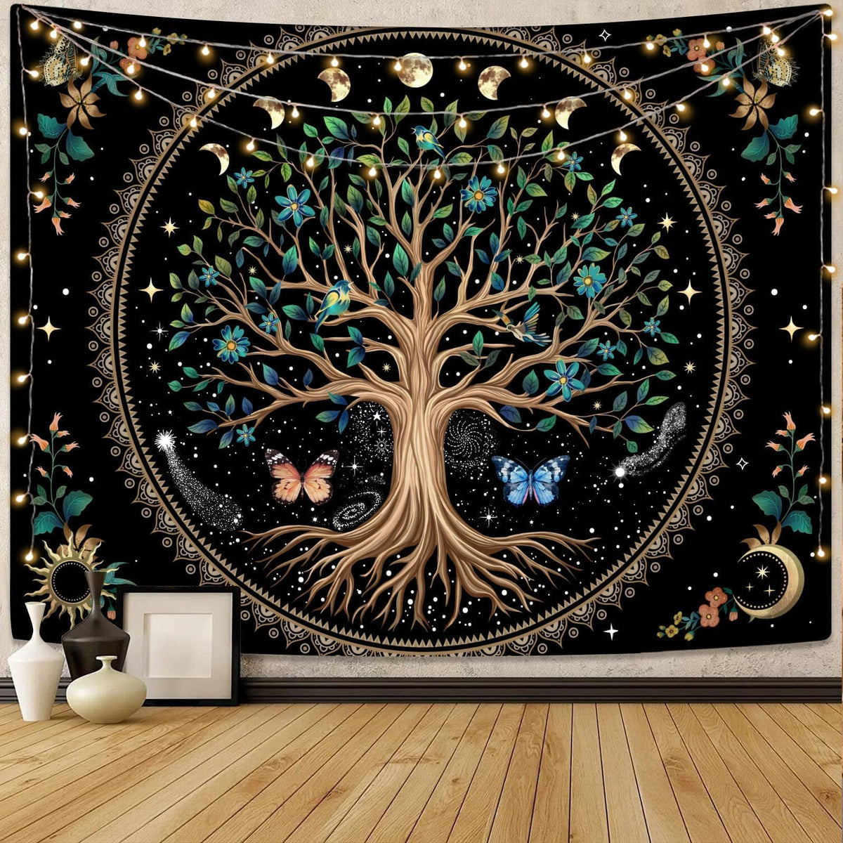 Tree of Life Tapastry Sun and Moon Tapastry Flower Boho Tree Mandala Wall Hanging for Bedroom and Living Room Decor Green Tree 70×90 Inches (90"L x 70"W / Light Green)
