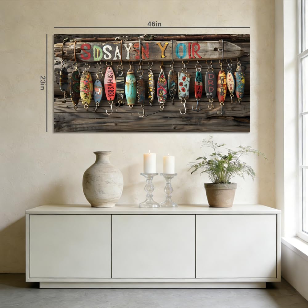 Rustic Fishing Lures Canvas Wall Art Vintage Wood Plank Painting Flat Print Gallery Wrapped Lake House Artwork for Living Room Bedroom Bathroom Decor (Retro / Red Decorative Fishing Lures 13 / 40"L x 20"W)