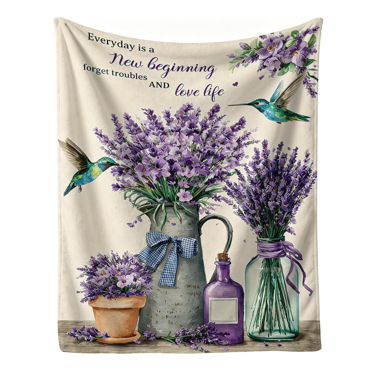 Lavender Fleece Blanket Hummingbird Floral Blanket Gift Room Decor 50"x60" (Lavender / 50"X60")