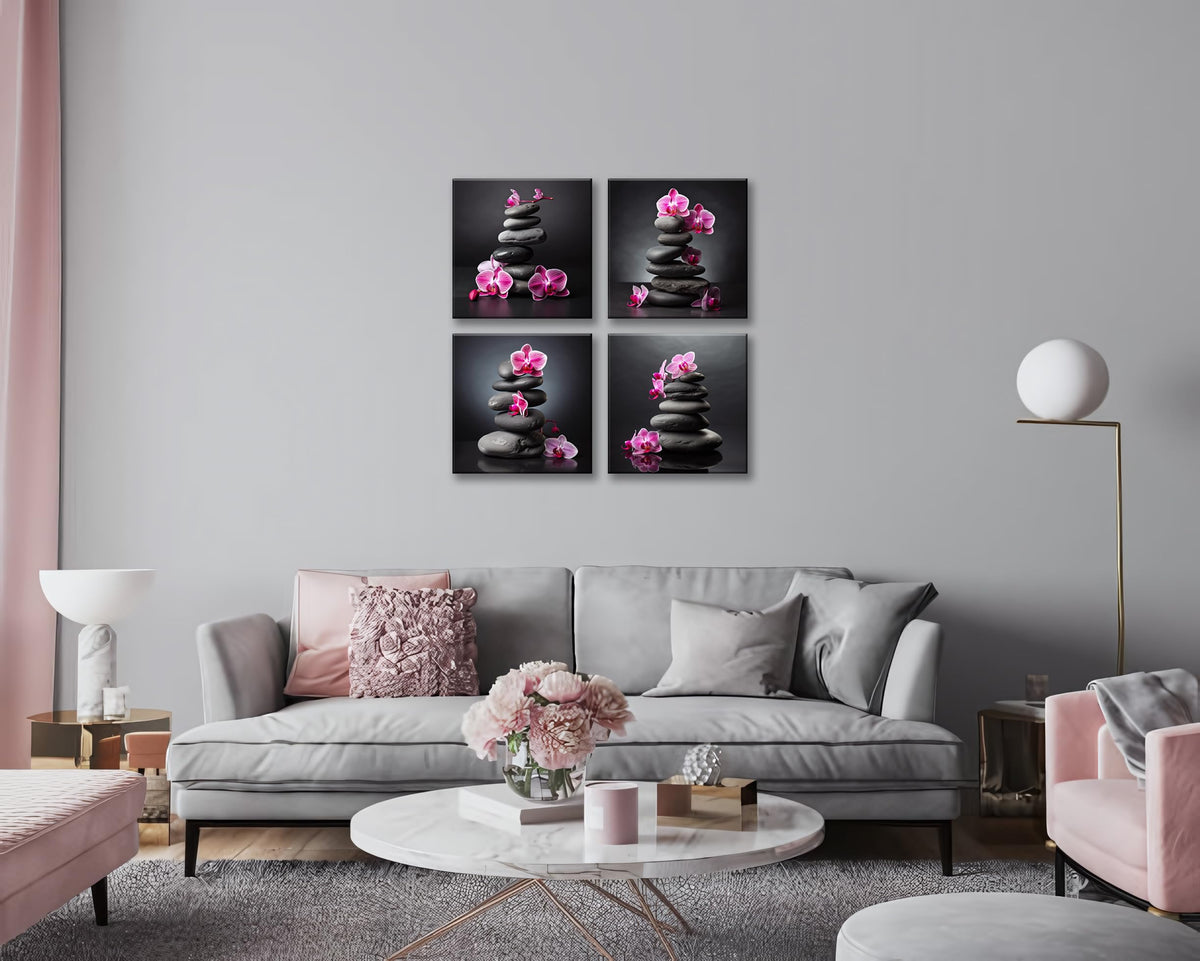 Zen Canvas Art (14X14inchX4 / Pink Orchid & Stone)