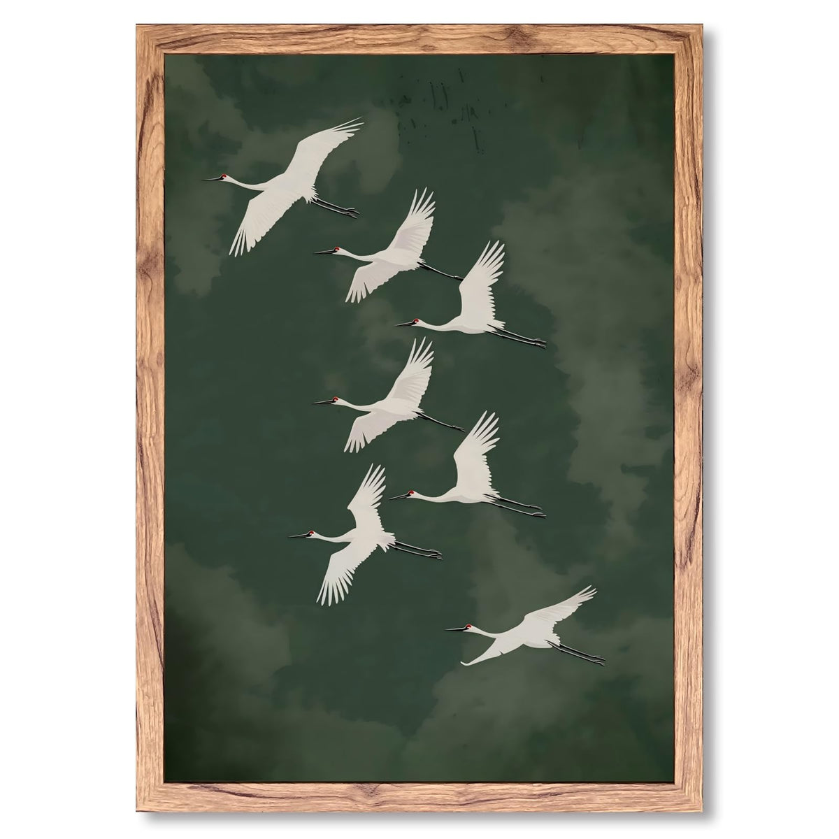 Wood Frame Japandi Wall Art Vintage Green Flying Bird Posters Elegant Japanese Cranes Zen Canvas Print Minimalist Wall Decor Painting Asian Decor Pictures for Living Room Bedroom 16x24inch (16"L x 24"W / style-3 Wood Framed)