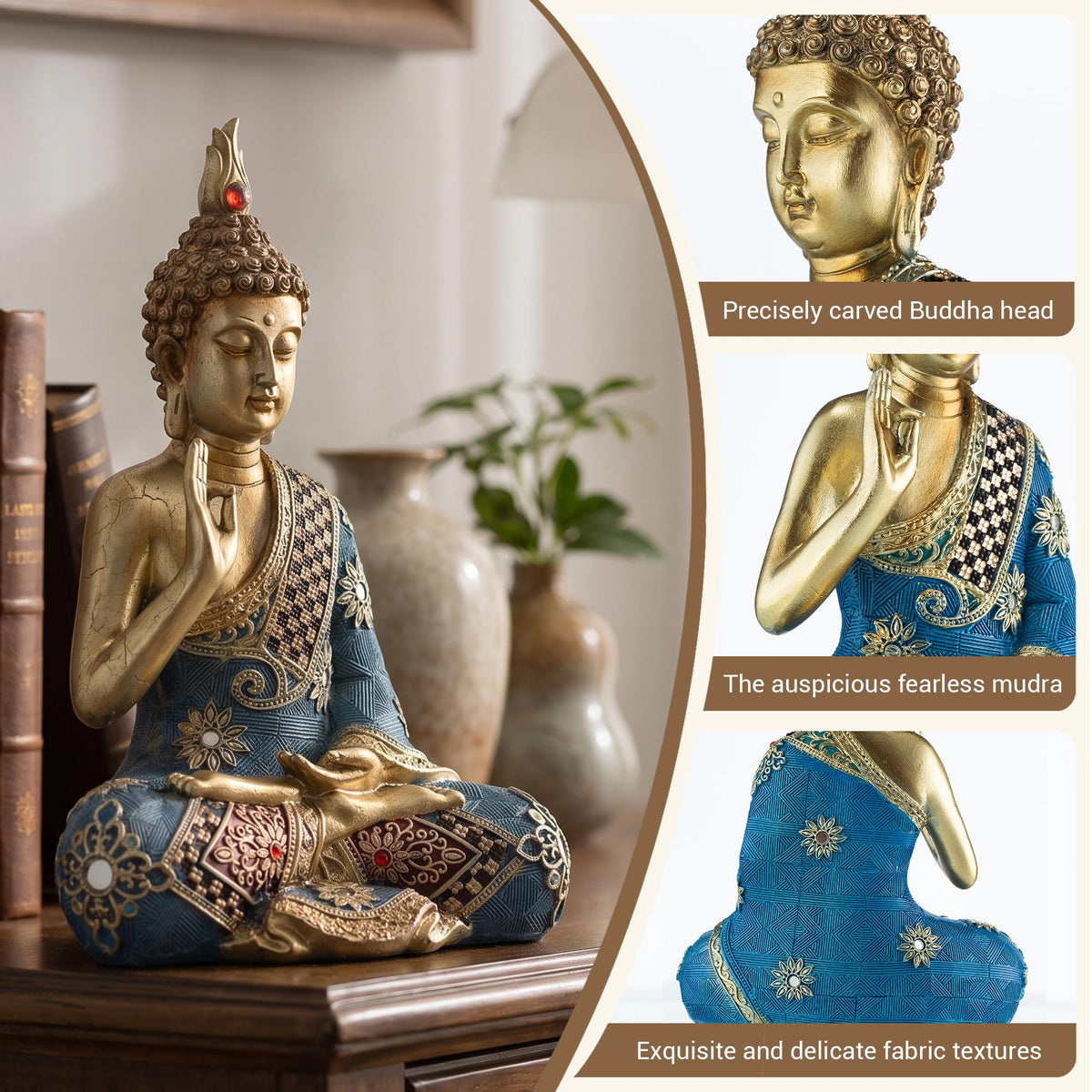 9.5 Inch Meditating Zen Sitting Thai Buddha Statue Figurines Sculpture Collectibles for Home Decor Room Office Indoor Spiritual Gifts (Blue/Gold)