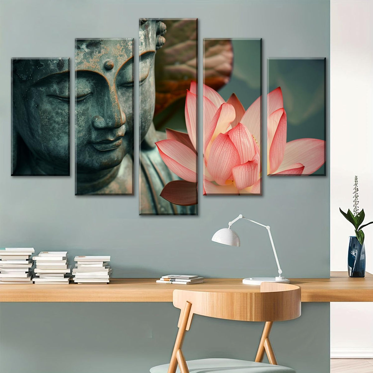 5Pcs Zen Buddha Lotus Flower Canvas Wall Art Spiritual Decor for Meditation Peaceful Home Decor Asian Cultural Symbolism Tranquil Art for Living Room Bedroom Office Ready to Hang (10"L x 16"W, 10"L x 24"W, 10"L x 32"W / 5PCS-Buddha)