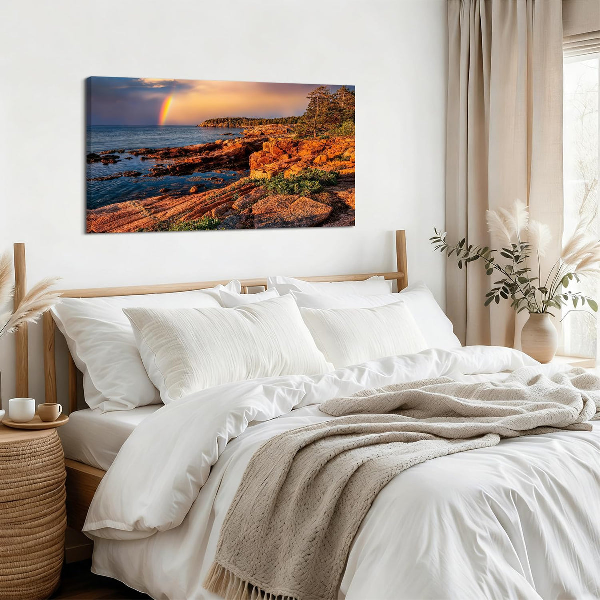 Coastal Rocky Beach Wall Art Sunset Rainbow Seaside Scene Wall Decor for Living Room Nature Painting Canvas Prints Seascape Ocean Wave Picture National Park Poster Bedroom Office Decorations 20x40" (40"L x 20"W / Field03)