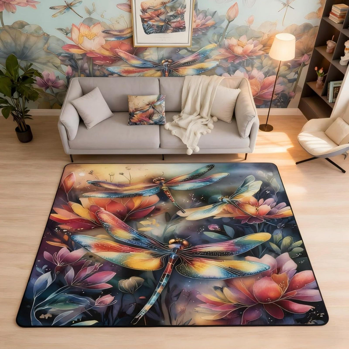 Dragonfly 5x7 Area Rug Colorful Flowers Living Room Rug (Red Orange Blue / 4'11" x 6'6" (Rectangular))