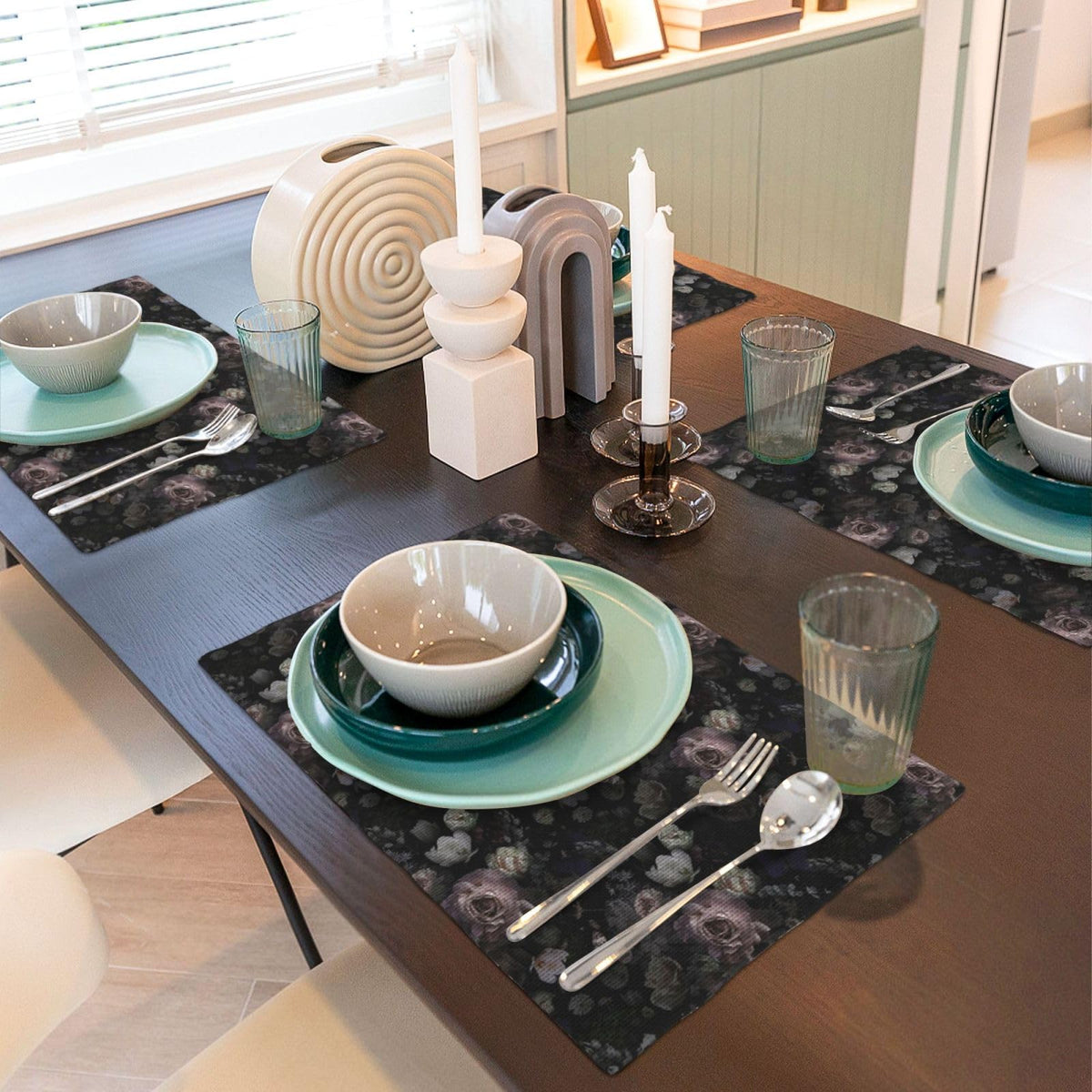 Vintage Floral Placemats Set of 4 Linen Washable 12x18 Inch (Black Pink / 4PCS)