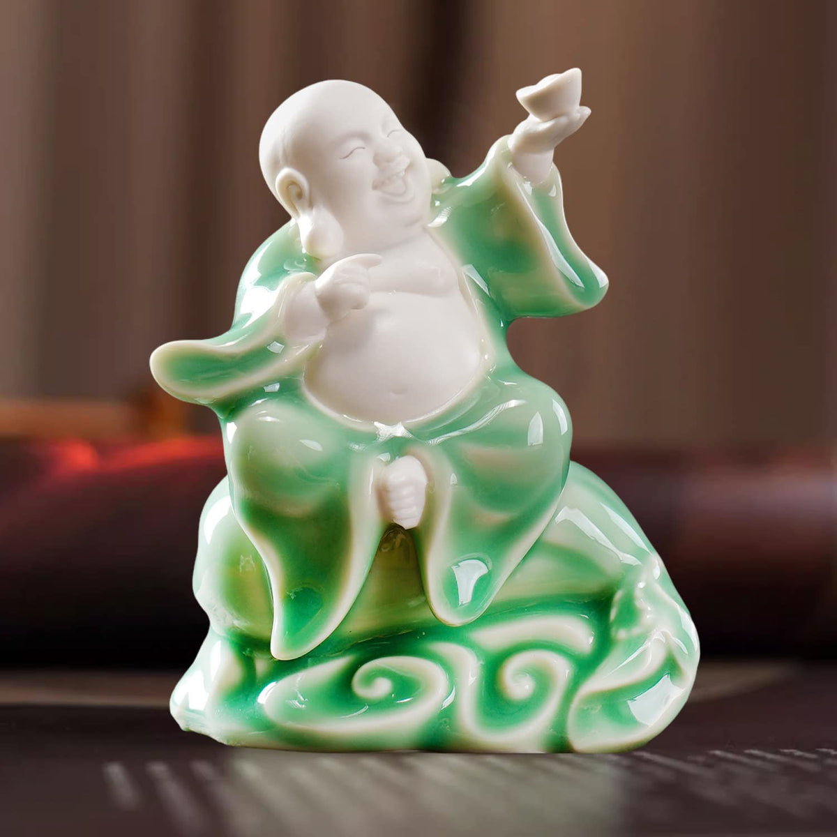 Small Green Fat Laughing Buddha Statue for Good Luck (Money Buddha)