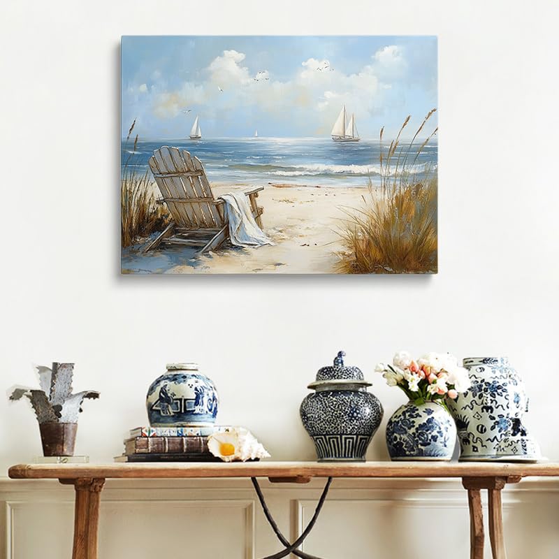 Peaceful Blue Sailboat Seascape Ocean Pictures Wall Decor Framed Coastal Landscape Beach Scene Wall Art Canvas Prints Sea Posters Beachy Scenery Artwork for Living Room Bedroom Bathroom (Seascape / 24"L x 16"W)