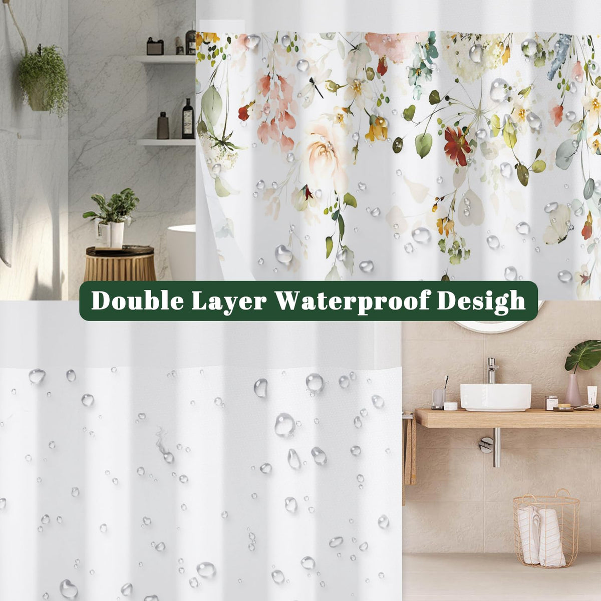 No Hook Shower Curtain with Snap in Liner (Floral-7)
