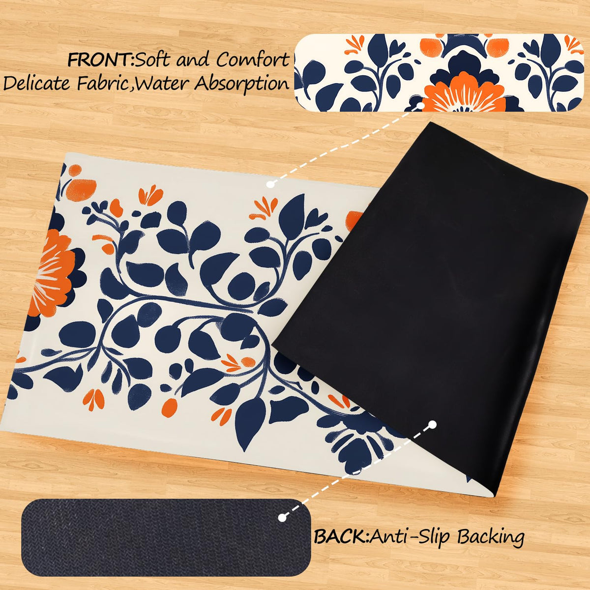 Orange & Navy Floral Laundry Room Rug 20x47 Inch (#85)