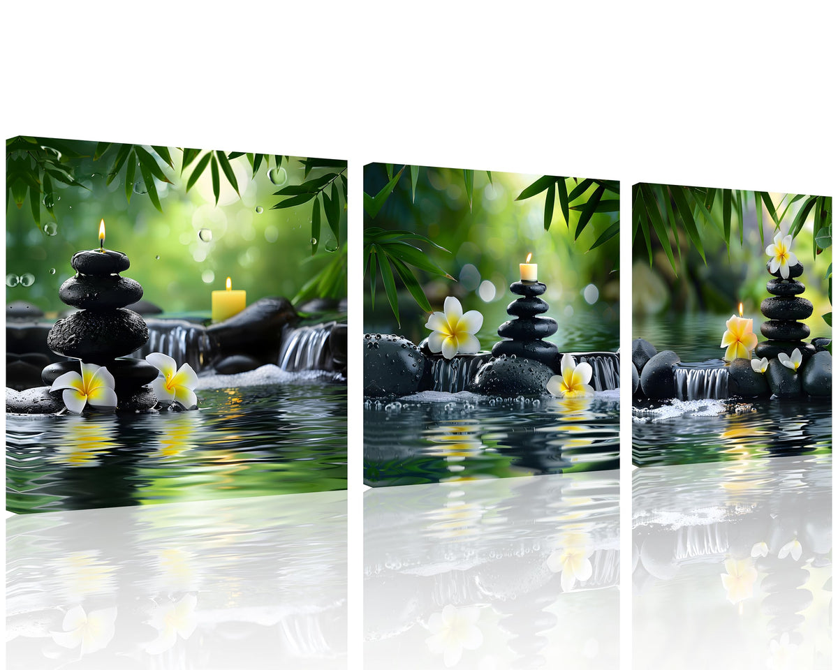 3 Pcs Zen Canvas Wall Art Spa Art Wall Decor Spa Stone Bamboo White Frangipani Flower with Candles Pictures Prints on Canvas for Home Decor Wall Decor Stretched and Framed 12x12inchx3 (12x12inchx3 / Green Zen 2)