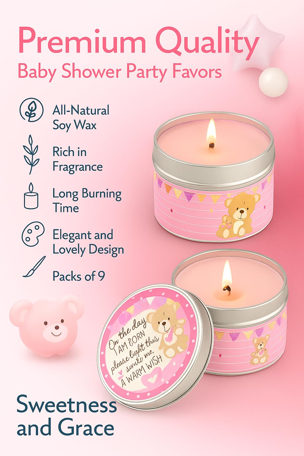 Baby Shower Candle Favors for Girls (Pink-2- One Single 9pk)