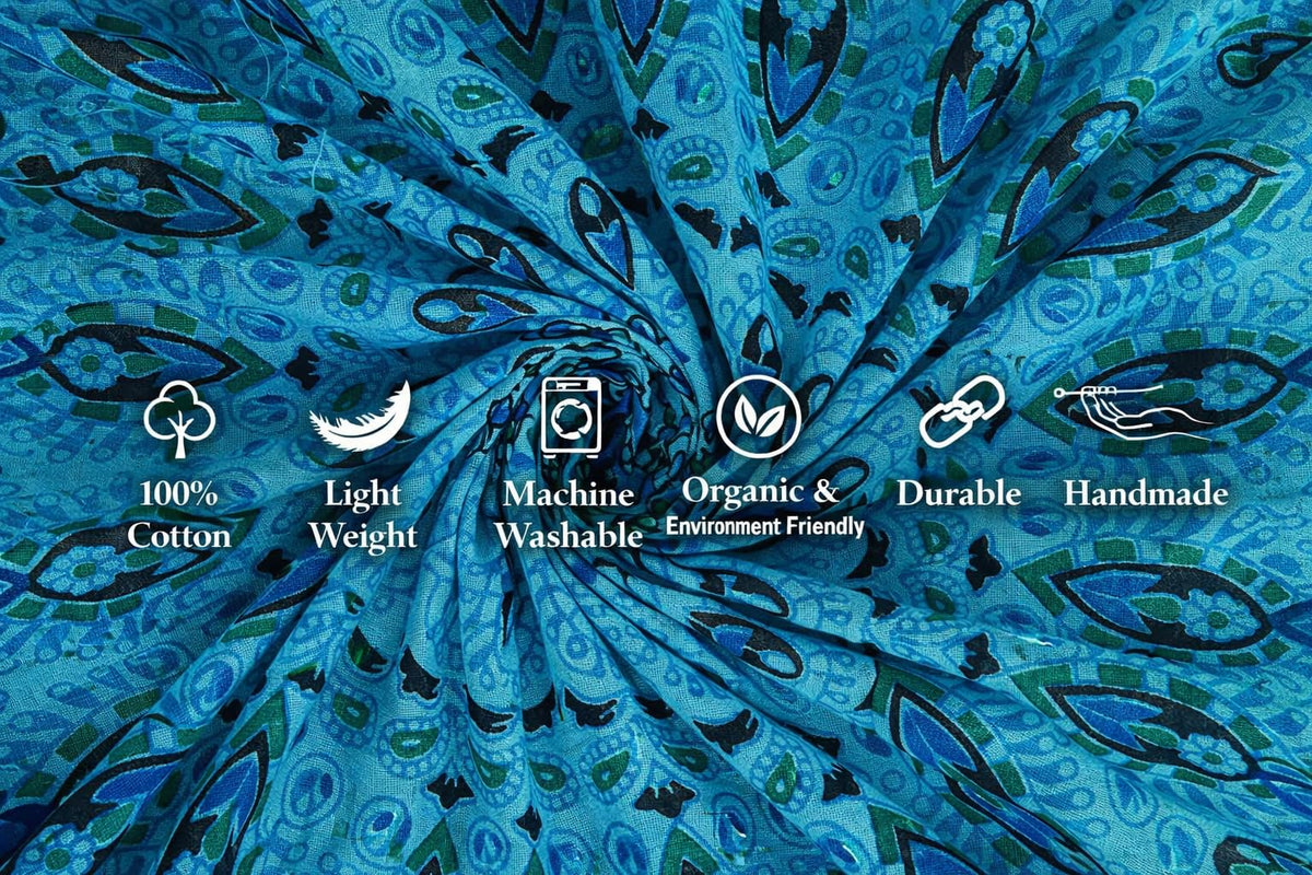 Handmade Cotton Peacock Mandala Tapestry (90"L x 84"W / Turquoise)