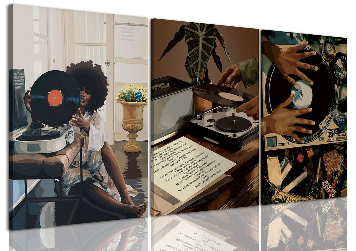 3 Piece Black Girl Wall Art African American Wall Decor Black Woman Canvas Art Fashion Music Pictures Dj Studio Paintings Trendy Artwork For Living Room Bedroom (Record Girl / 12x16in)